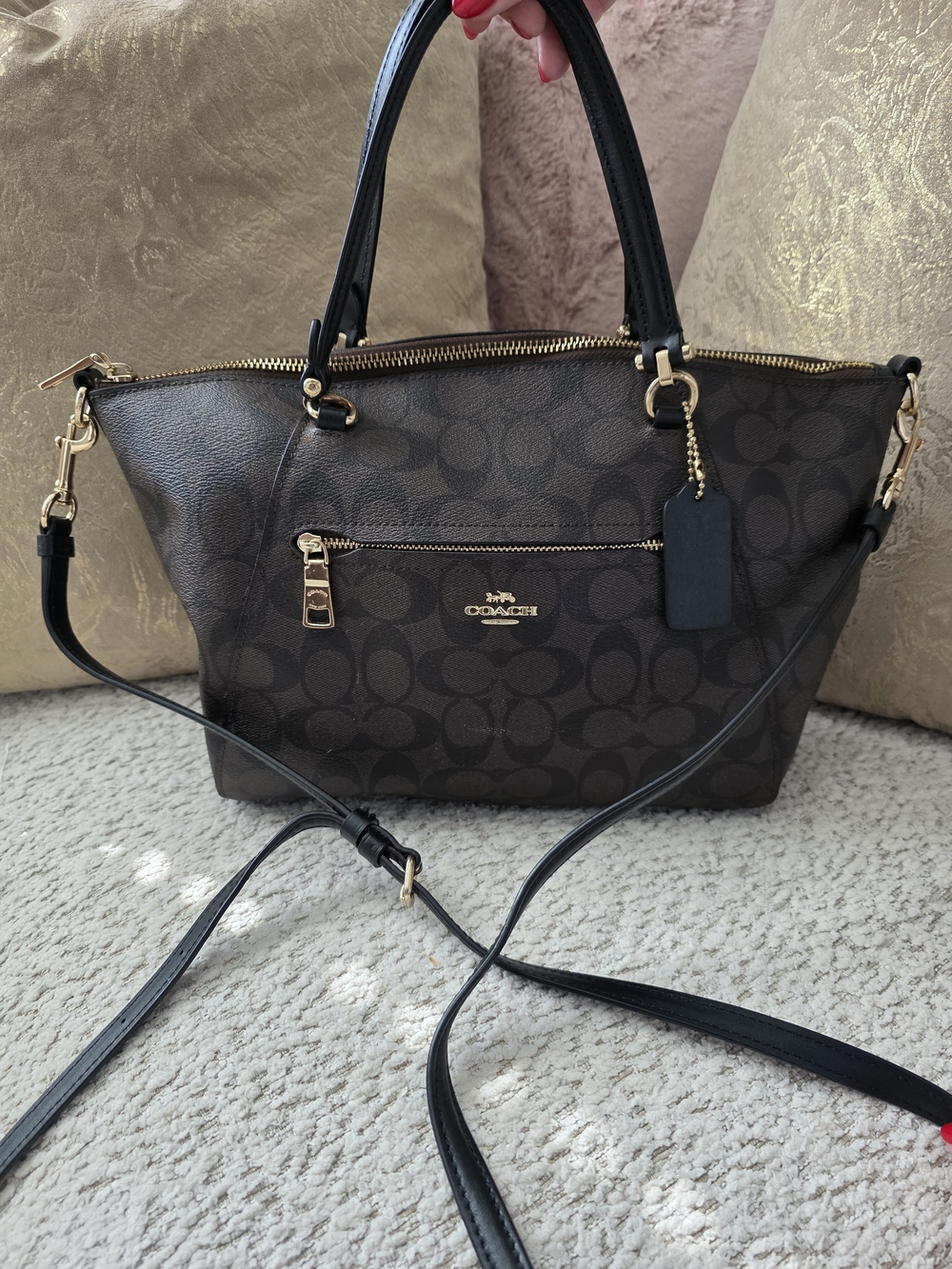 Coach Brown and Black Signature Canvas/Leather Zip Top Tote